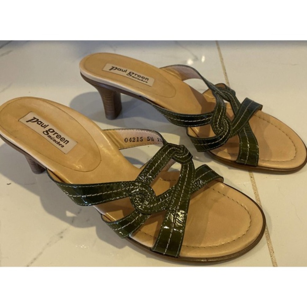 Paul Green Womens Green Patent Leather Strappy Cuban Heel Slide Sandals Size 5.5